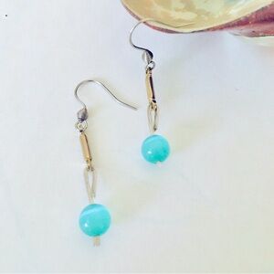 Slender Blue Brass Silver Column Dangle Earrings